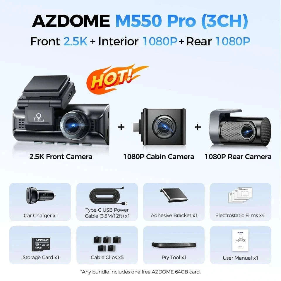 AZDOME M550 Pro 3-Channel Dash Cam with GPS & WiFi-M550 Pro (3CH) / Free 64G TF
