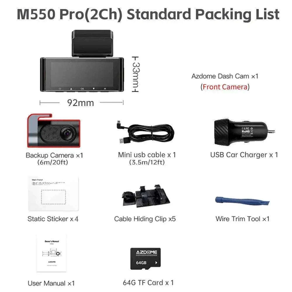 AZDOME M550 Pro 3-Channel Dash Cam with GPS & WiFi-M550 Pro (3CH) / Free 64G TF