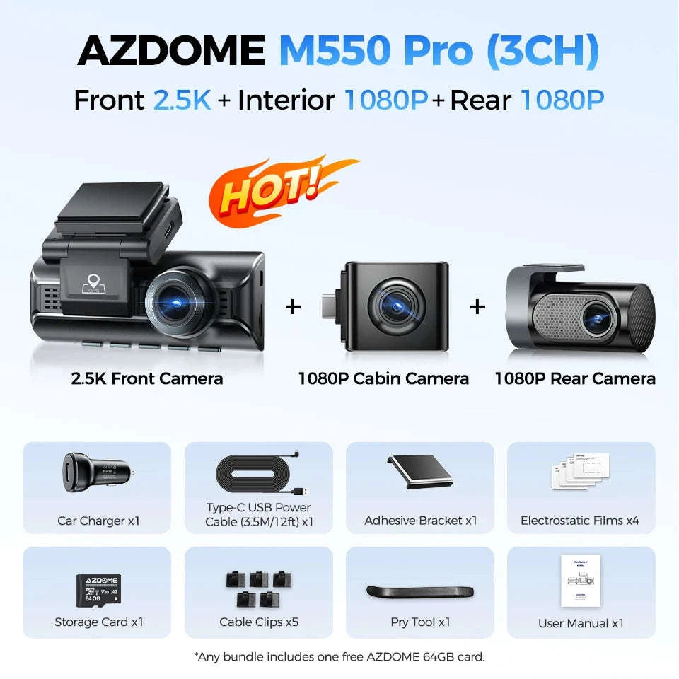 AZDOME M550 Pro Dash Cam 3‑Channel with GPS & WiFi-M550 Pro (3CH) / Free 64G TF