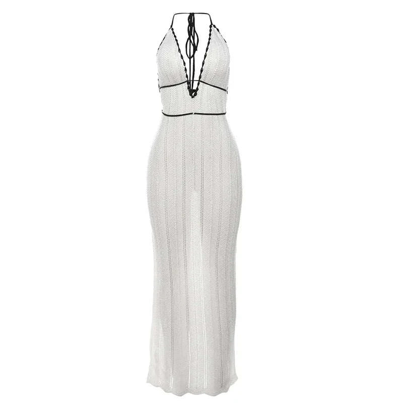 Backless Halter Lace-Up Maxi Dress – Slim Fit Summer Club Style-WHITE / L