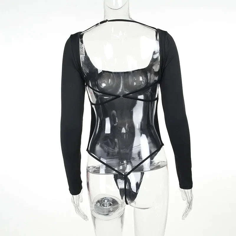 Backless Long Sleeve Bodysuit Slim Fit Square Neck Club Top-Black Bodysuit / L