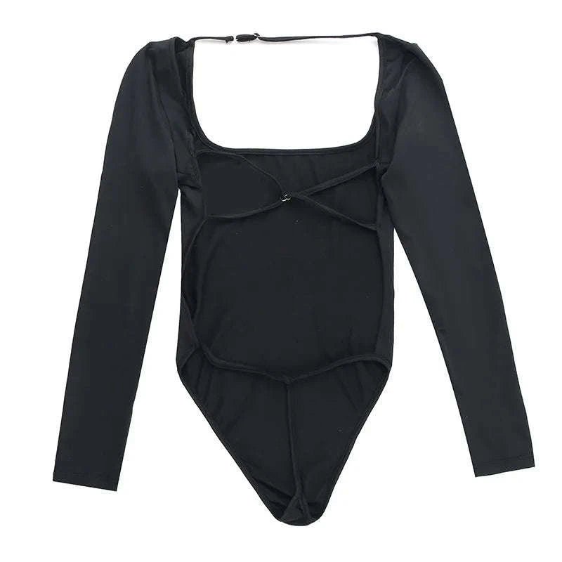 Backless Long Sleeve Bodysuit Slim Fit Square Neck Club Top-Black Bodysuit / L