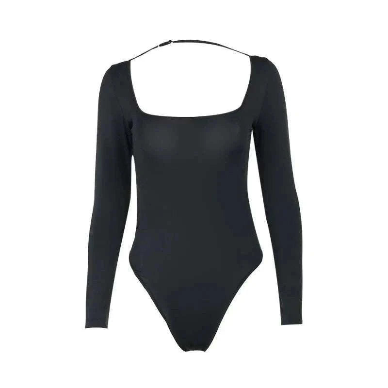Backless Long Sleeve Bodysuit Slim Fit Square Neck Club Top-Black Bodysuit / M