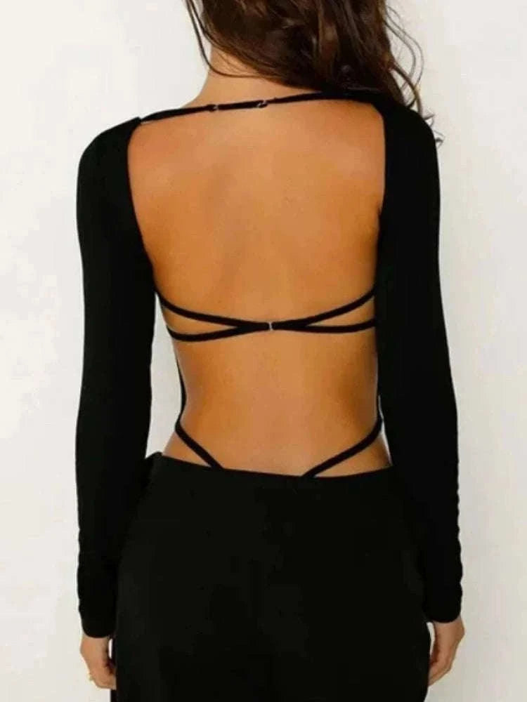 Backless Long Sleeve Bodysuit Slim Fit Square Neck Club Top-Black Bodysuit / M