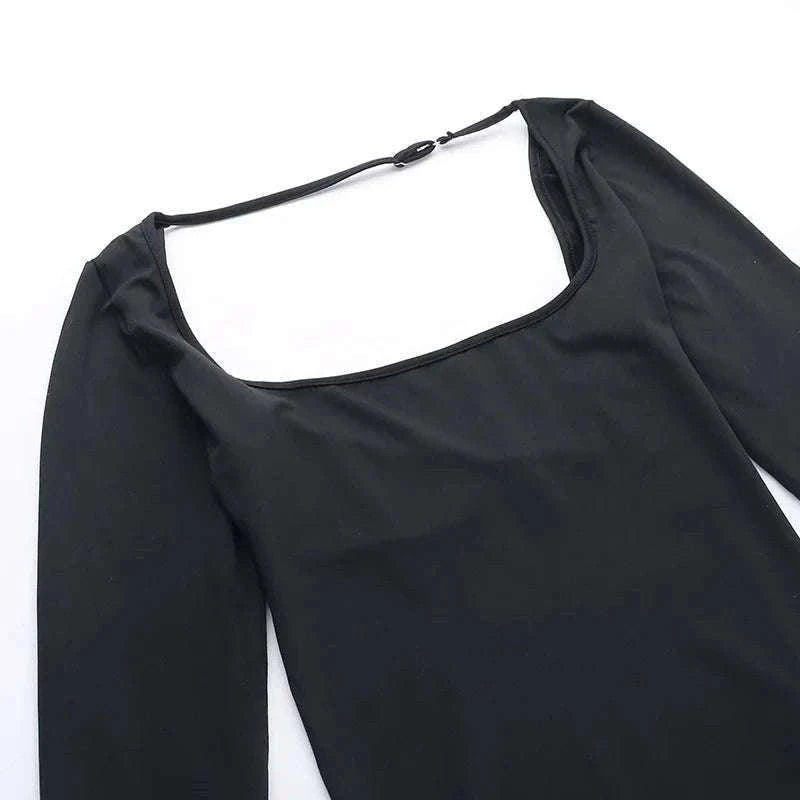 Backless Long Sleeve Bodysuit Slim Fit Square Neck Club Top-Black Bodysuit / M