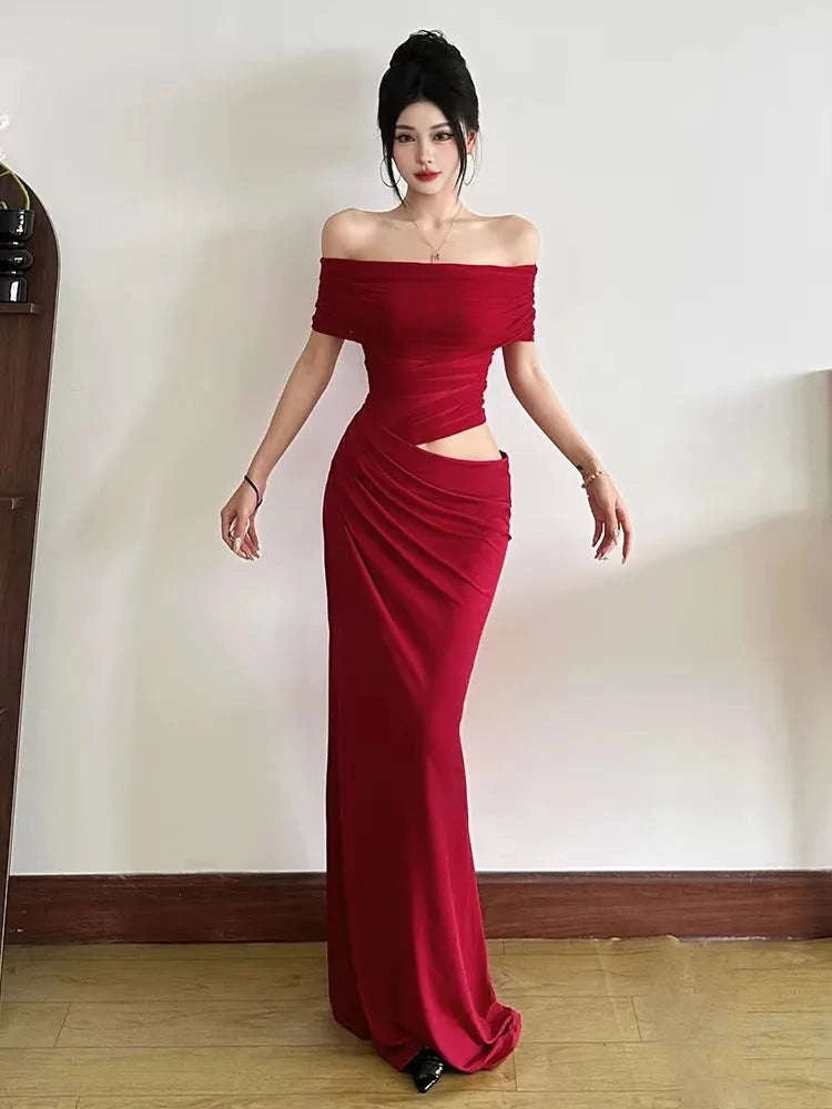 Backless Short Sleeve Floor-Length Dress-Claret / L / CHINA