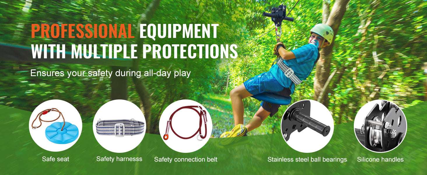 Backyard Zipline Kit 60–120FT with Safety Seat & Harness System-120ft / spain