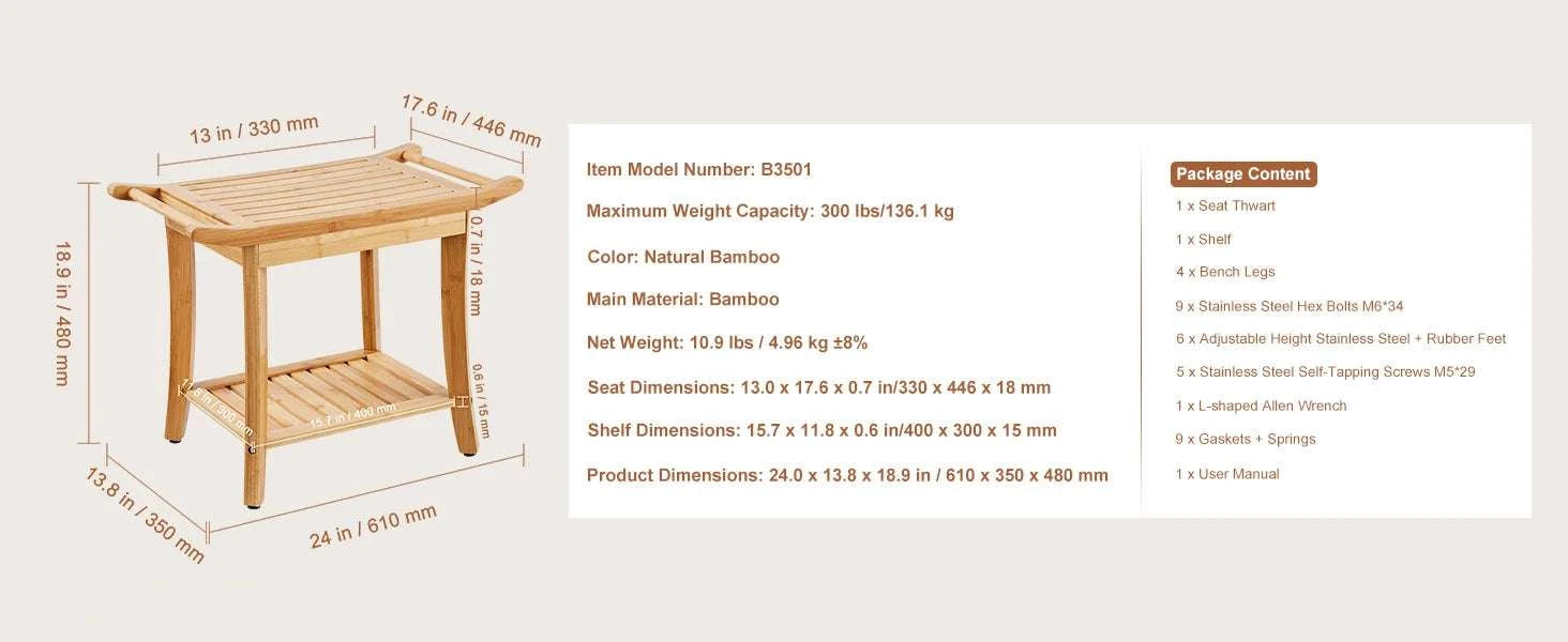 Bamboo Shower Bench with Storage Shelf 330lb Capacity Stool-24in / CZECH REPUBLIC