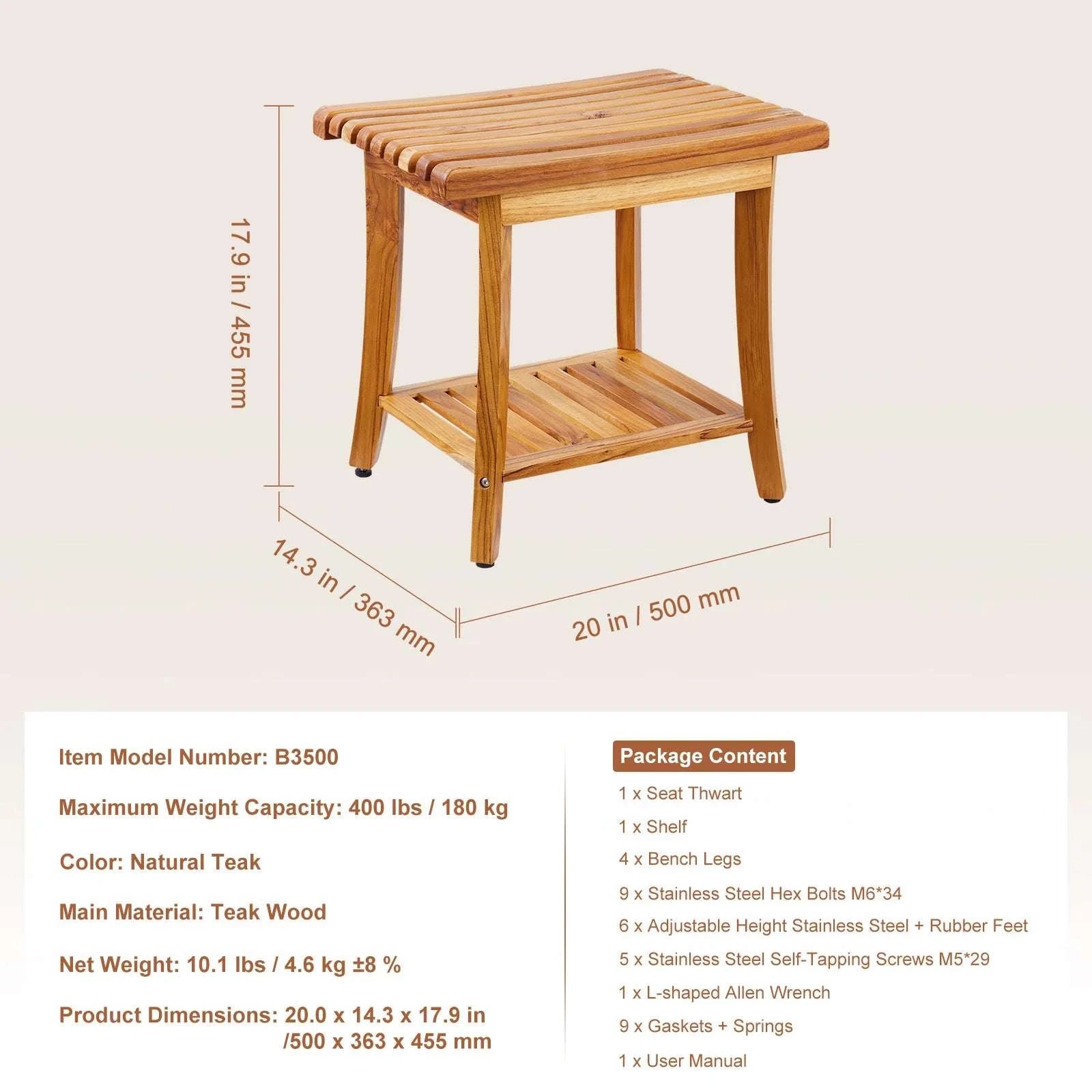 Bamboo Shower Bench with Storage Shelf 330lb Capacity Stool-24in / CZECH REPUBLIC
