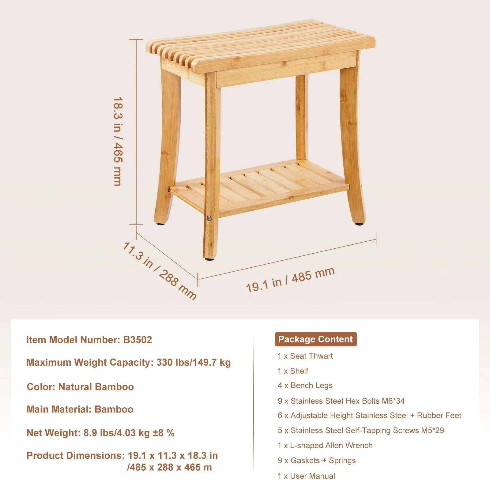 Bamboo Shower Bench with Storage Shelf 330lb Capacity Stool-24in / CZECH REPUBLIC