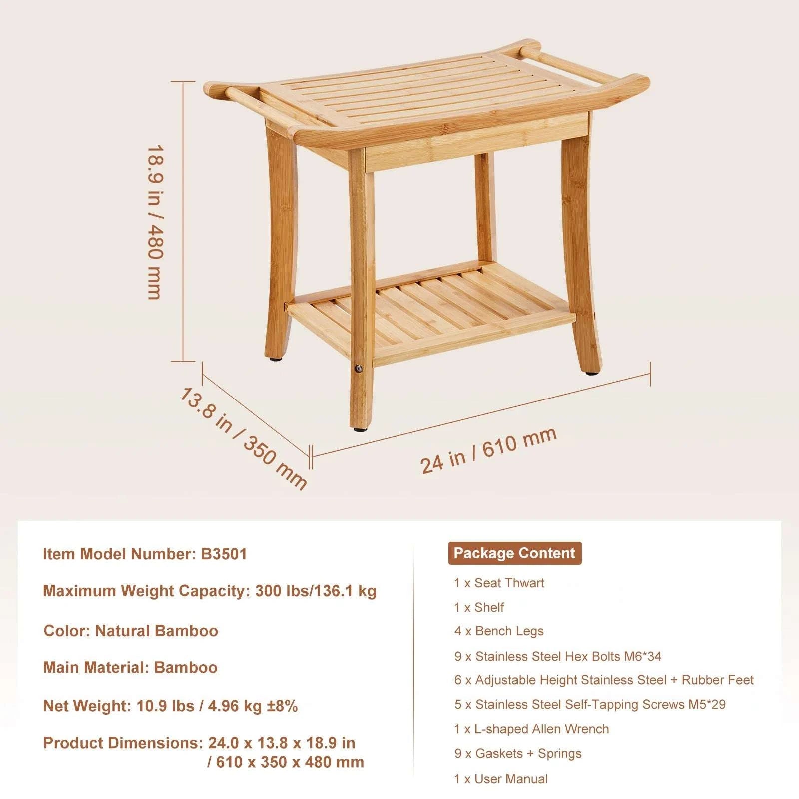 Bamboo Shower Bench with Storage Shelf 330lb Capacity Stool-24in / CZECH REPUBLIC