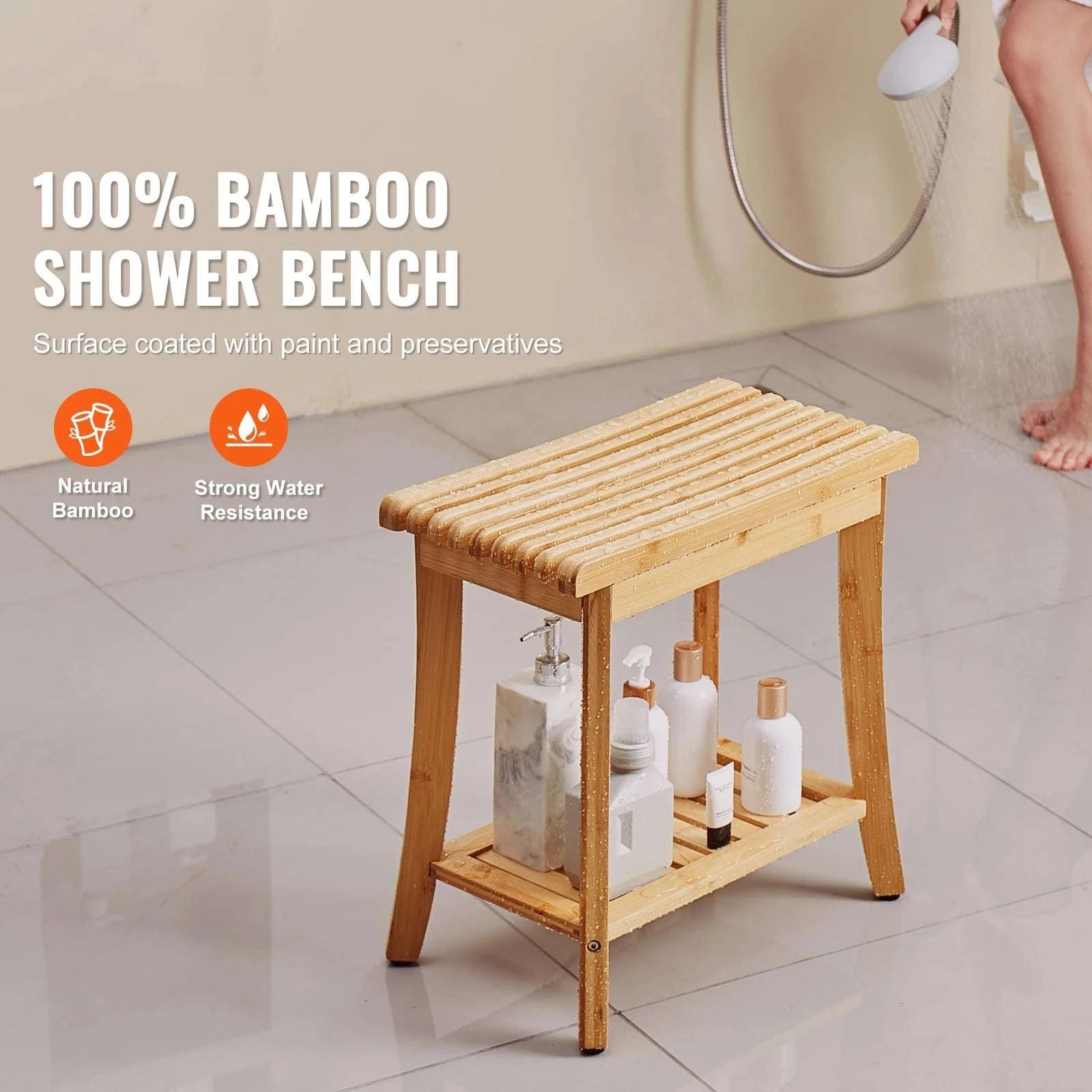 Bamboo Shower Bench with Storage Shelf 330lb Capacity Stool-24in / CZECH REPUBLIC