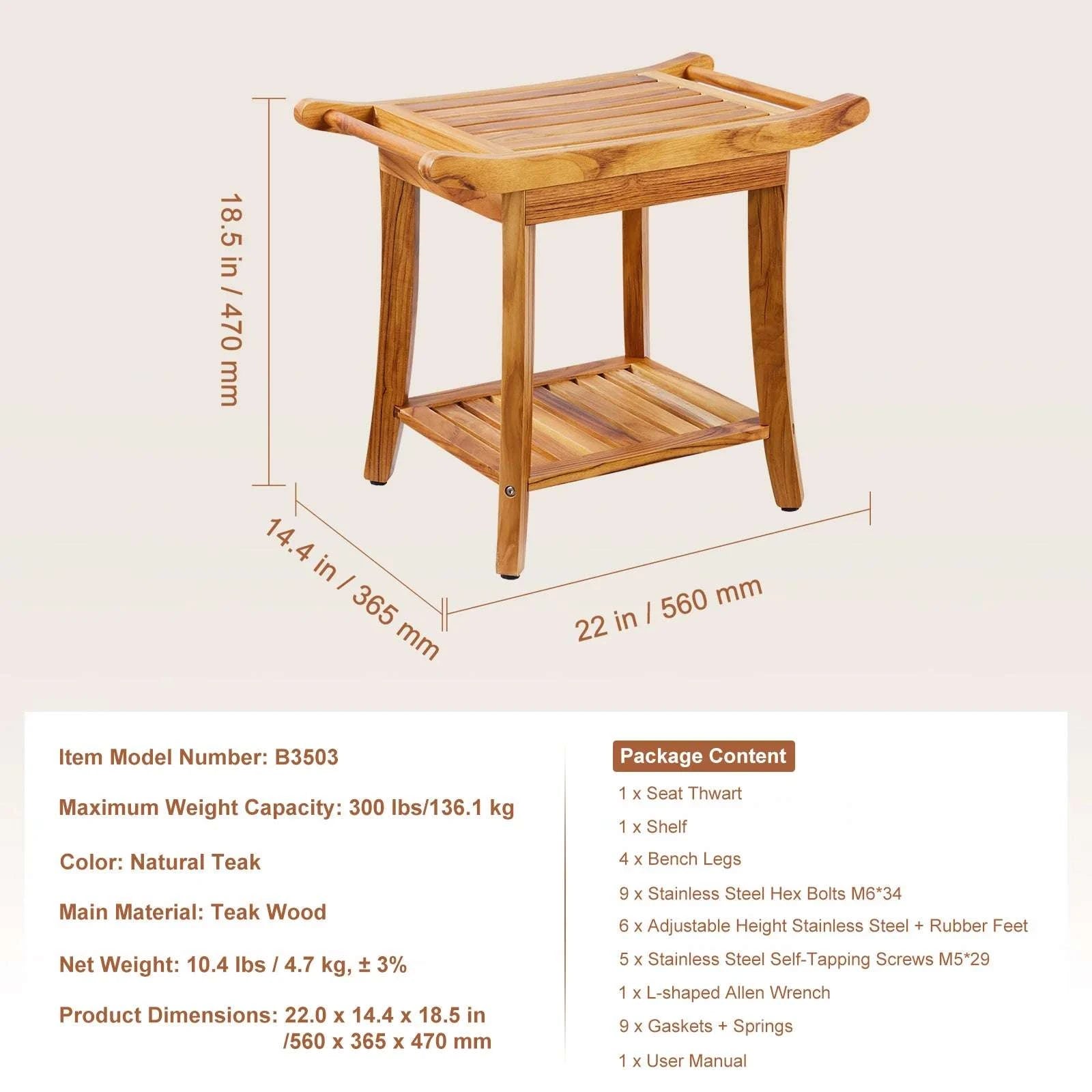 Bamboo Shower Bench with Storage Shelf 330lb Capacity Stool-24in / CZECH REPUBLIC