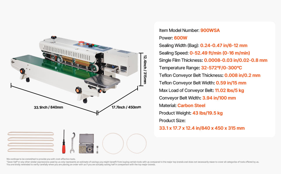 SucceBuy Horizontal Bag Band Sealing Machine Continuous Band Sealer Machine Carbon Steel for 0.02-0.8 mm Plastic Bags Films