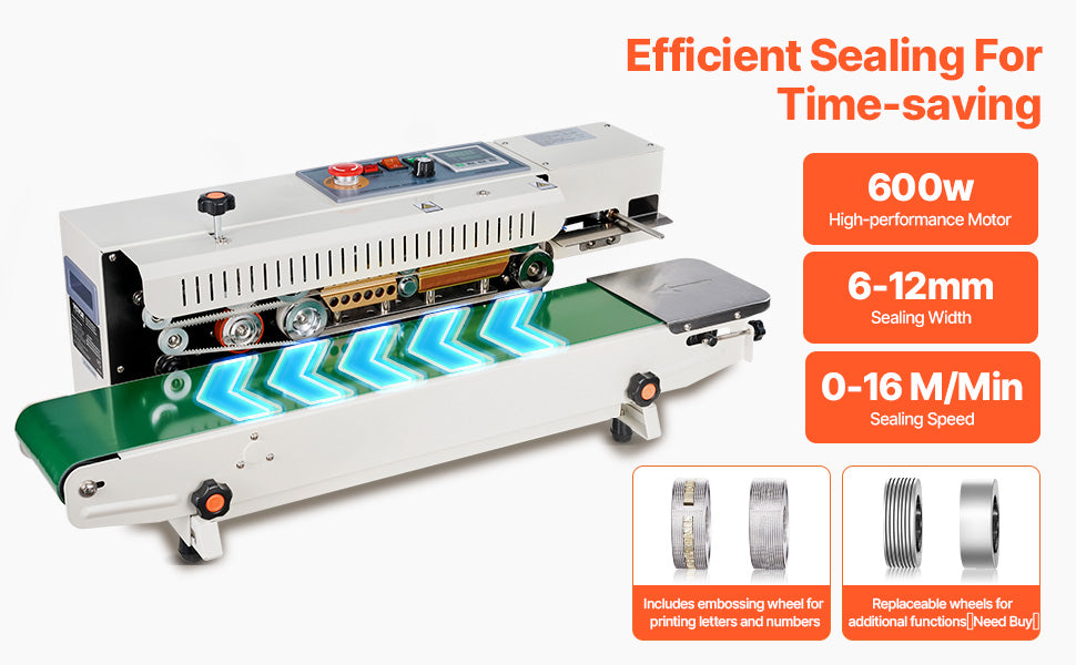 SucceBuy Horizontal Bag Band Sealing Machine Continuous Band Sealer Machine Carbon Steel for 0.02-0.8 mm Plastic Bags Films