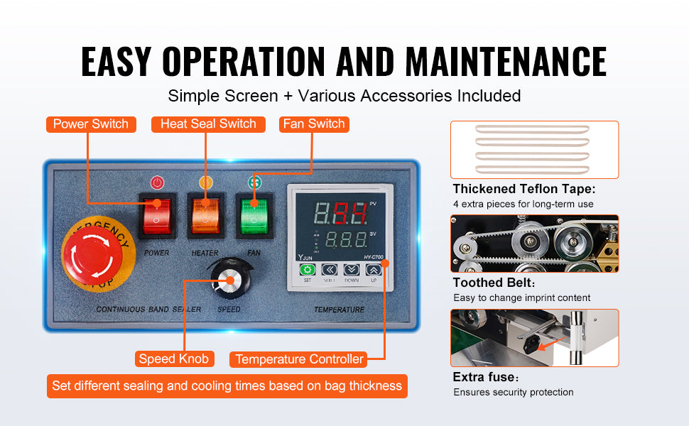 SucceBuy Horizontal Bag Band Sealing Machine Continuous Band Sealer Machine Carbon Steel for 0.02-0.8 mm Plastic Bags Films