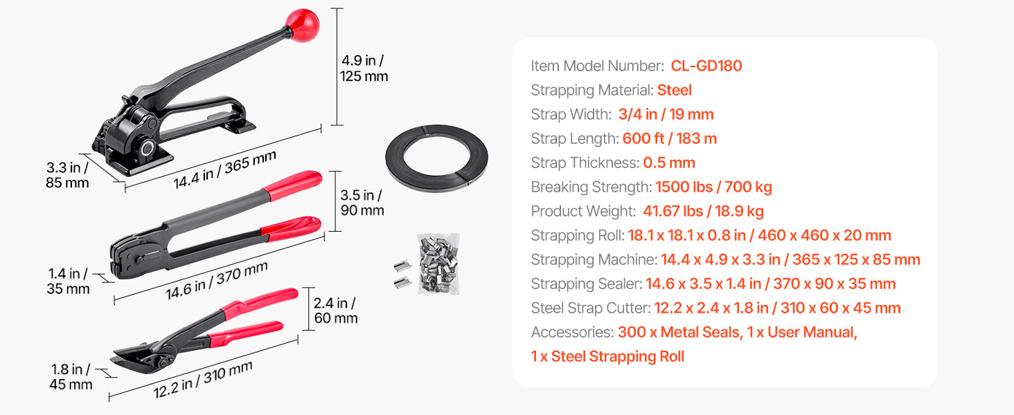 Heavy-Duty Steel Banding Strapping Kit with 600ft Strap & Seals