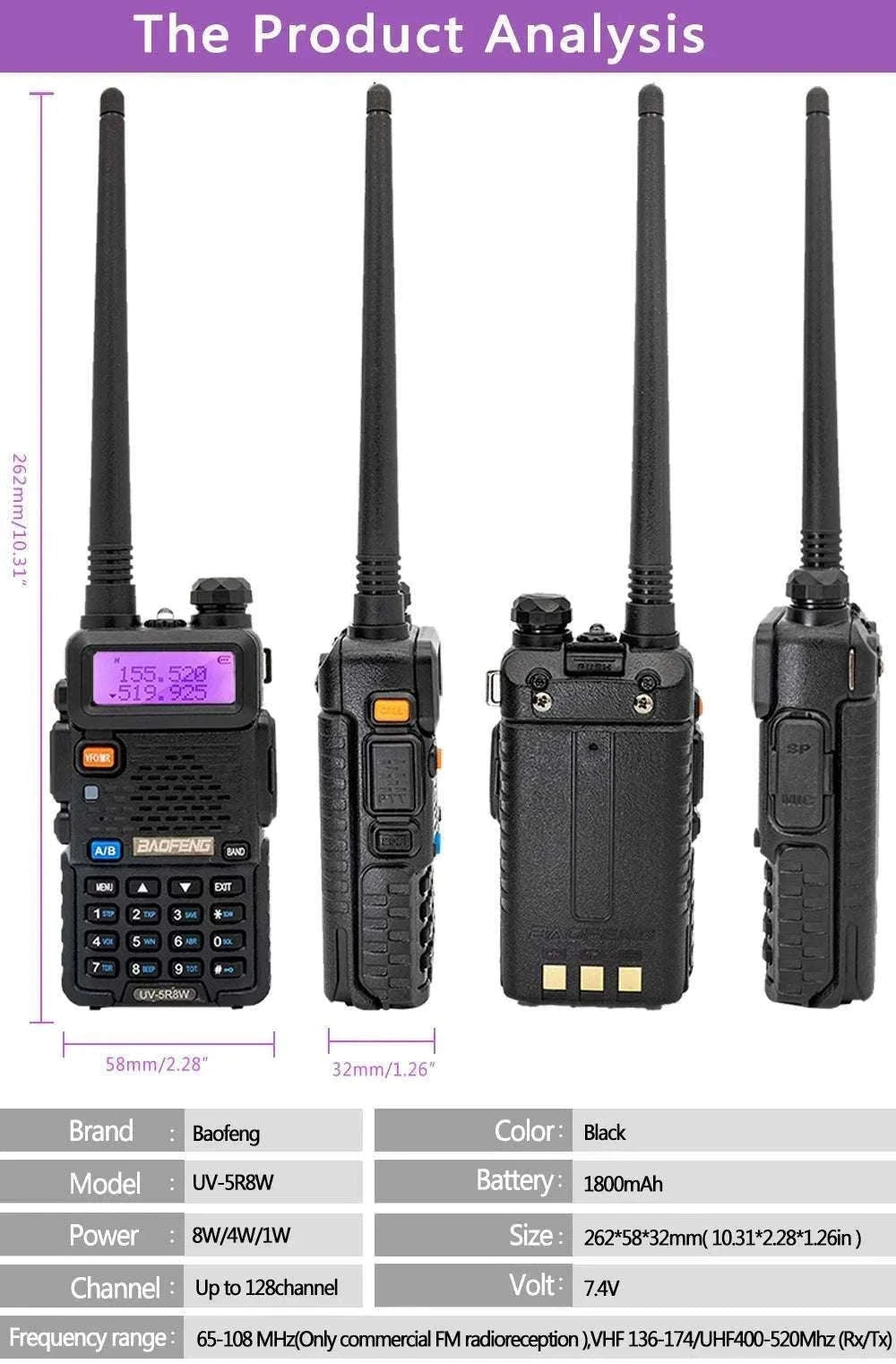 BaoFeng UV-5R 8W Dual-Band Walkie Talkie Radio-2X 8W-H-771-MIC-C / US