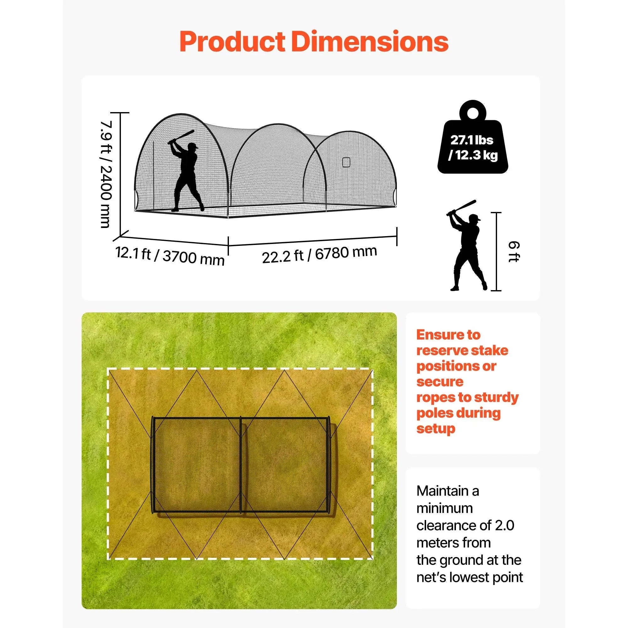 Baseball Batting Cage with Knotless Polyester Netting and Pitching Machine Opening-22ft / United States