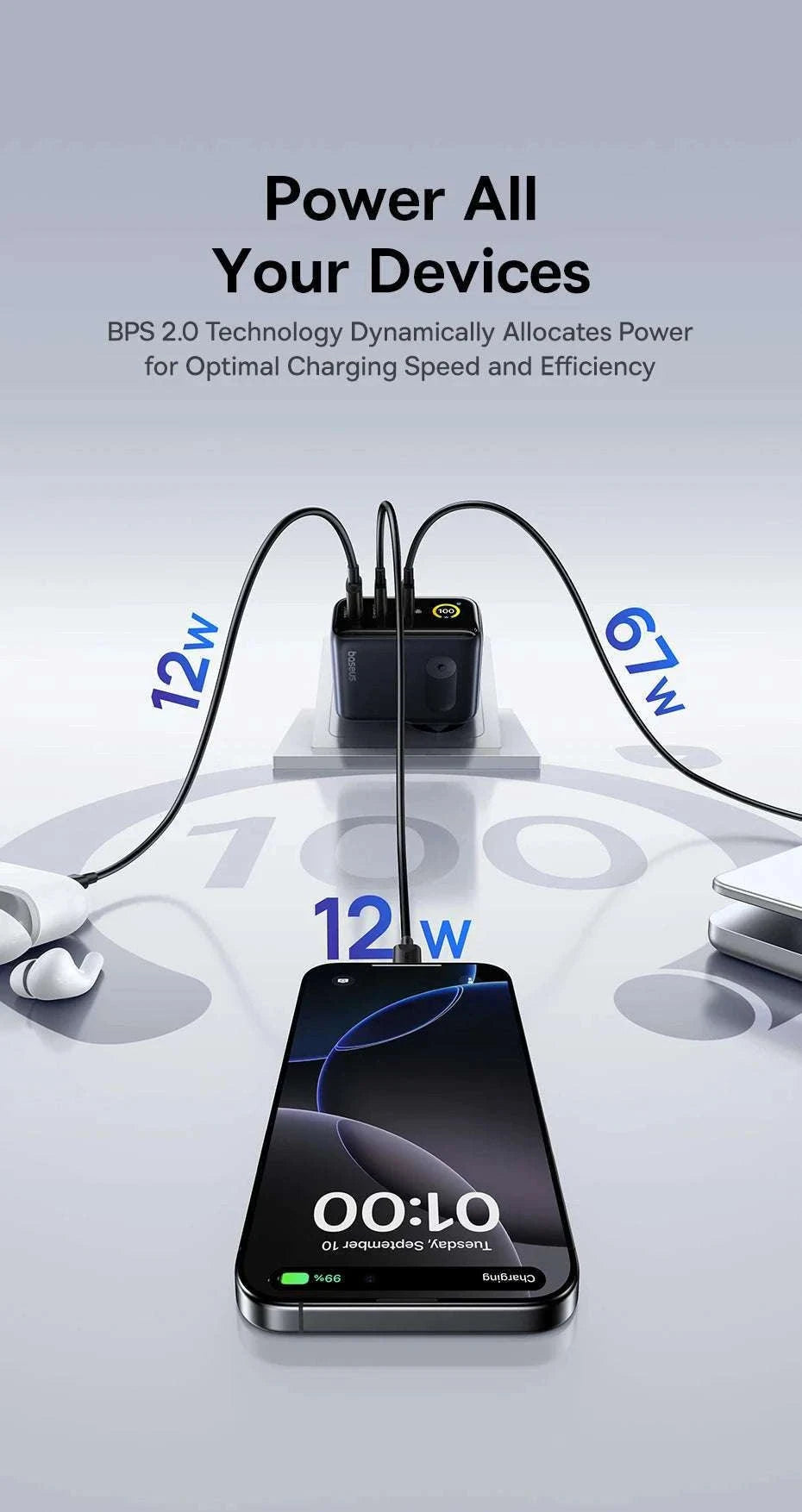 Baseus 100W GaN Fast Charger with Display 3-Port USB-C USB-A-EU Plug Black / China Mainland