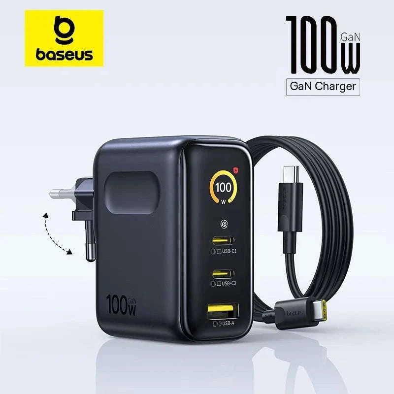Baseus 100W GaN Fast Charger with Display 3-Port USB-C USB-A-EU Plug Black / China Mainland