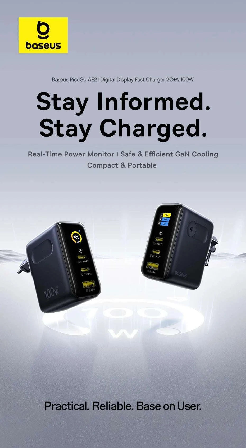 Baseus 100W GaN Fast Charger with Display 3-Port USB-C USB-A-EU Plug Black / China Mainland
