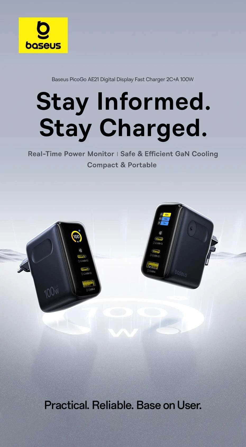 Baseus 100W GaN Fast Charger with Display 3-Port USB-C USB-A-EU Plug Black / China Mainland