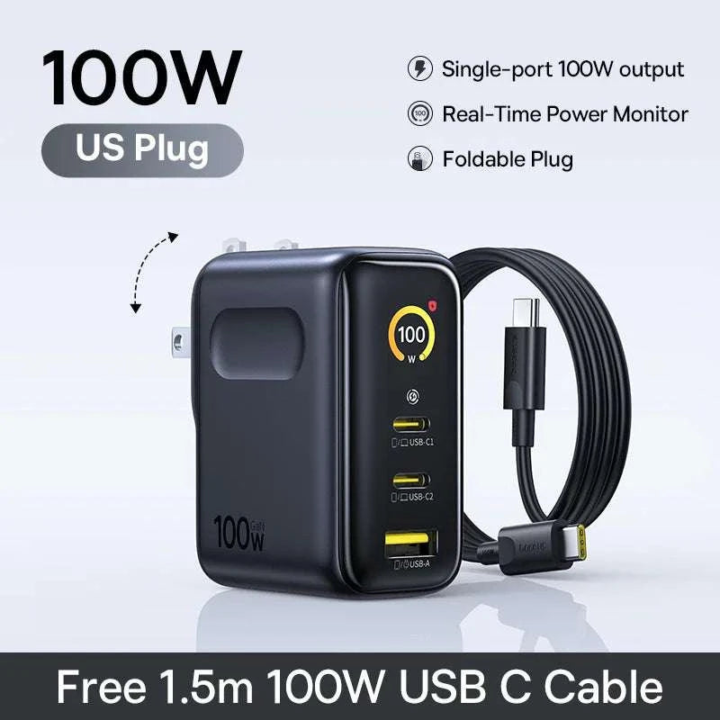 Baseus 100W GaN Fast Charger with Display 3-Port USB-C USB-A-EU Plug Black / China Mainland