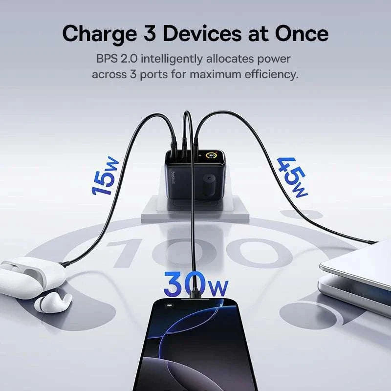 Baseus 100W GaN Fast Charger with Display 3-Port USB-C USB-A-EU Plug Black / China Mainland
