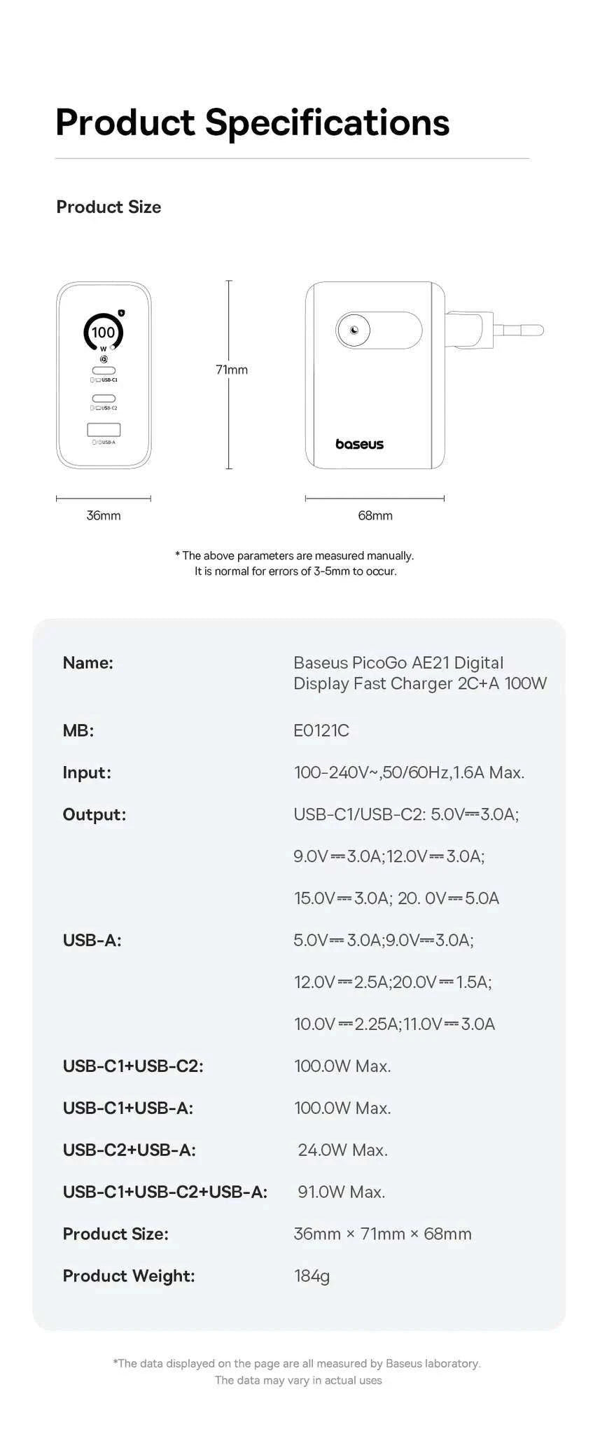 Baseus 100W GaN Fast Charger with Display 3-Port USB-C USB-A-EU Plug Black / China Mainland