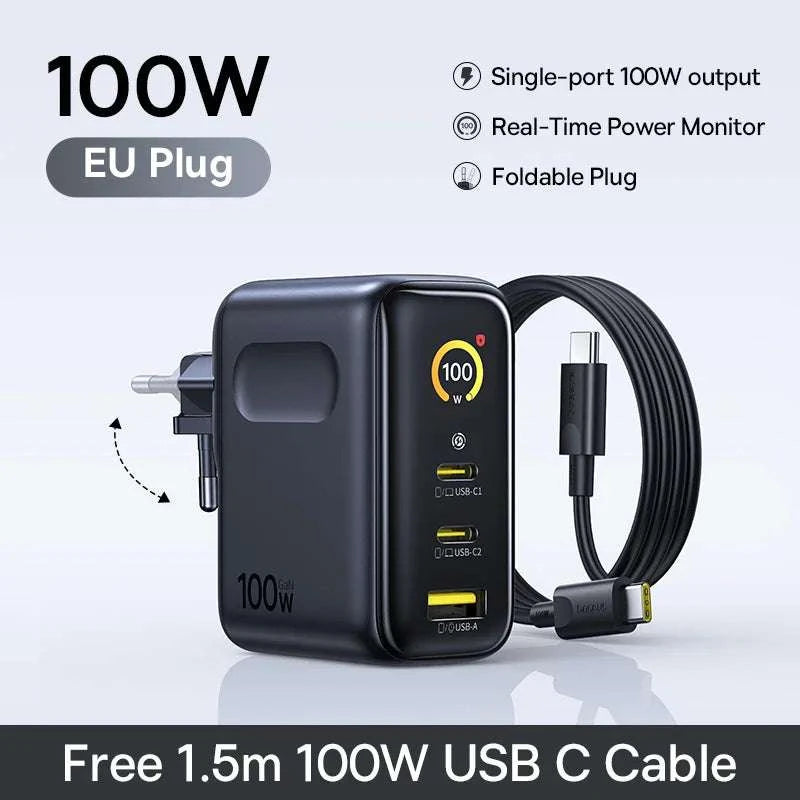 Baseus 100W GaN Fast Charger with Display 3-Port USB-C USB-A-EU Plug Black / China Mainland