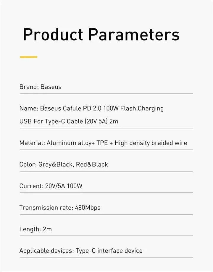Baseus 100W USB-C to USB-C Fast Charging Cable-100W Red Black / 1m