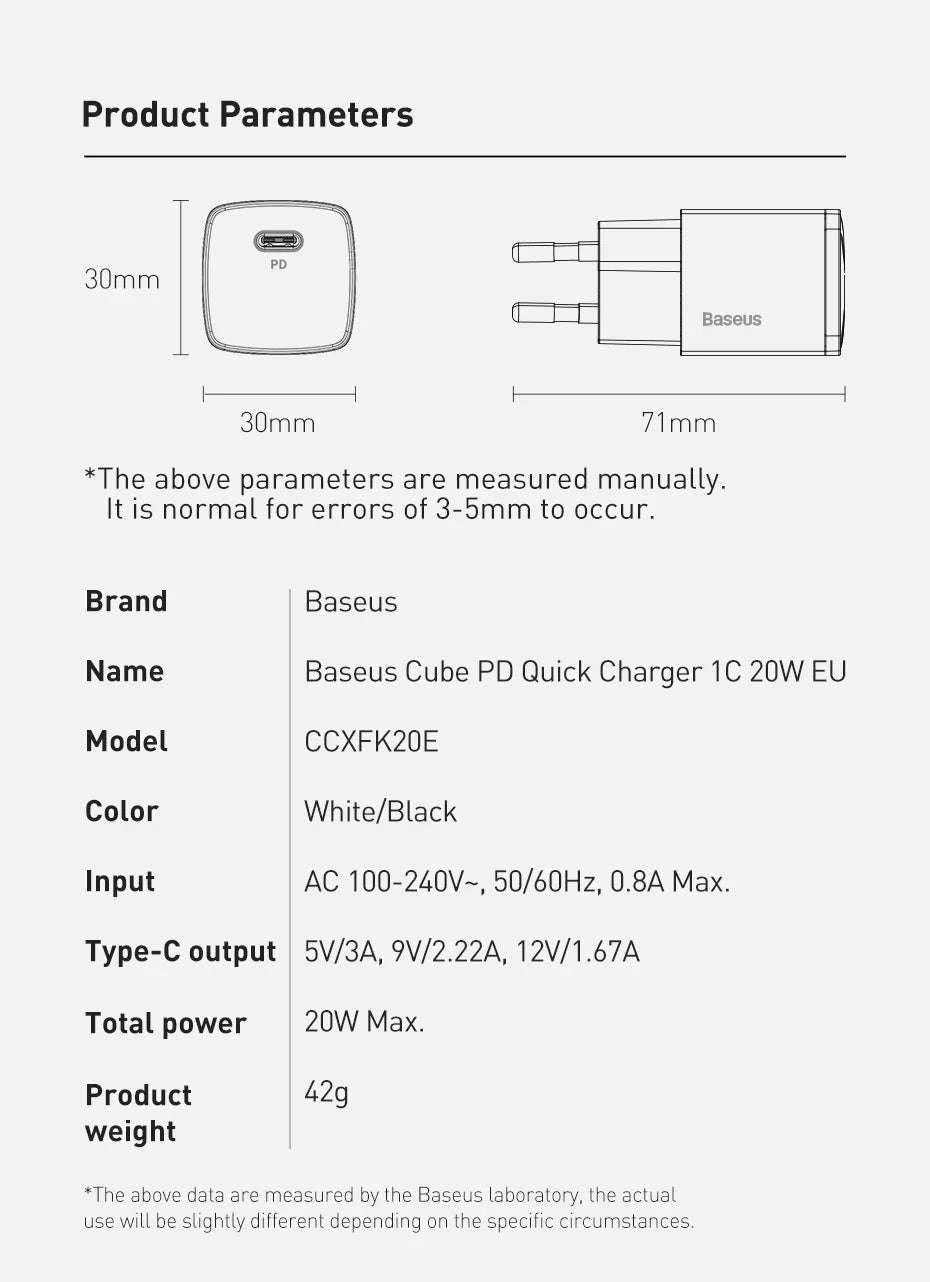 Baseus 20W USB C Charger with PD Fast Charging-20W Mini Black