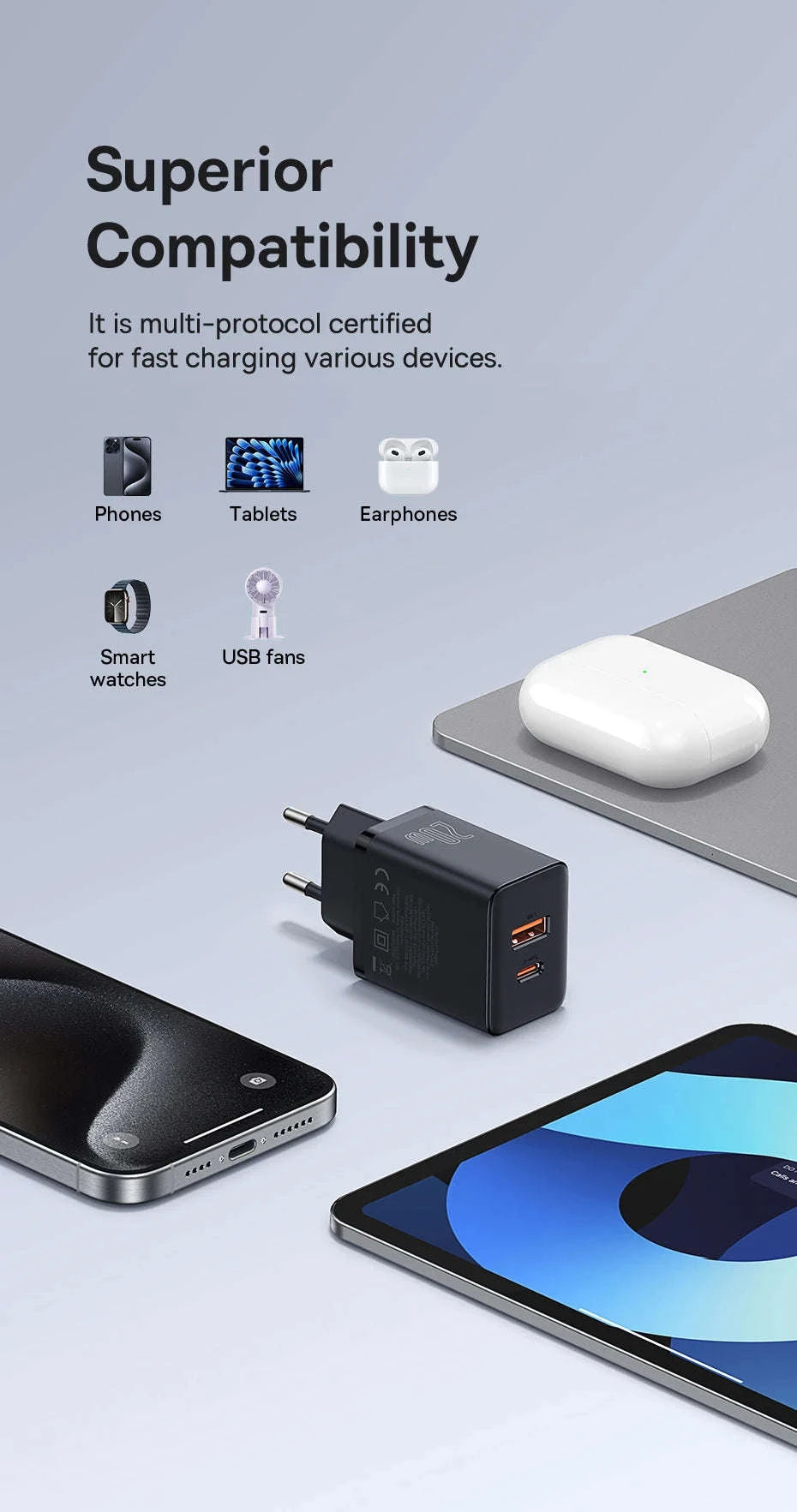 Baseus 20W USB Charger with Dual Fast-Charging Ports-20W EU Plug White