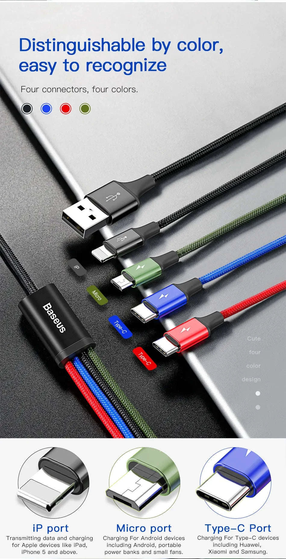 Baseus 3-in-1 USB Charging Cable for Multi‑Device Use-2 iP 120cm
