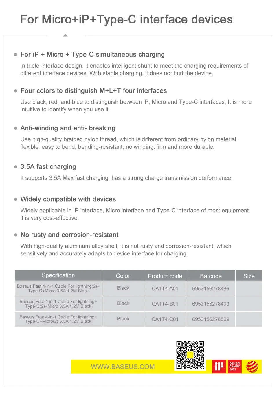Baseus 3-in-1 USB Charging Cable for Multi‑Device Use-2 iP 120cm