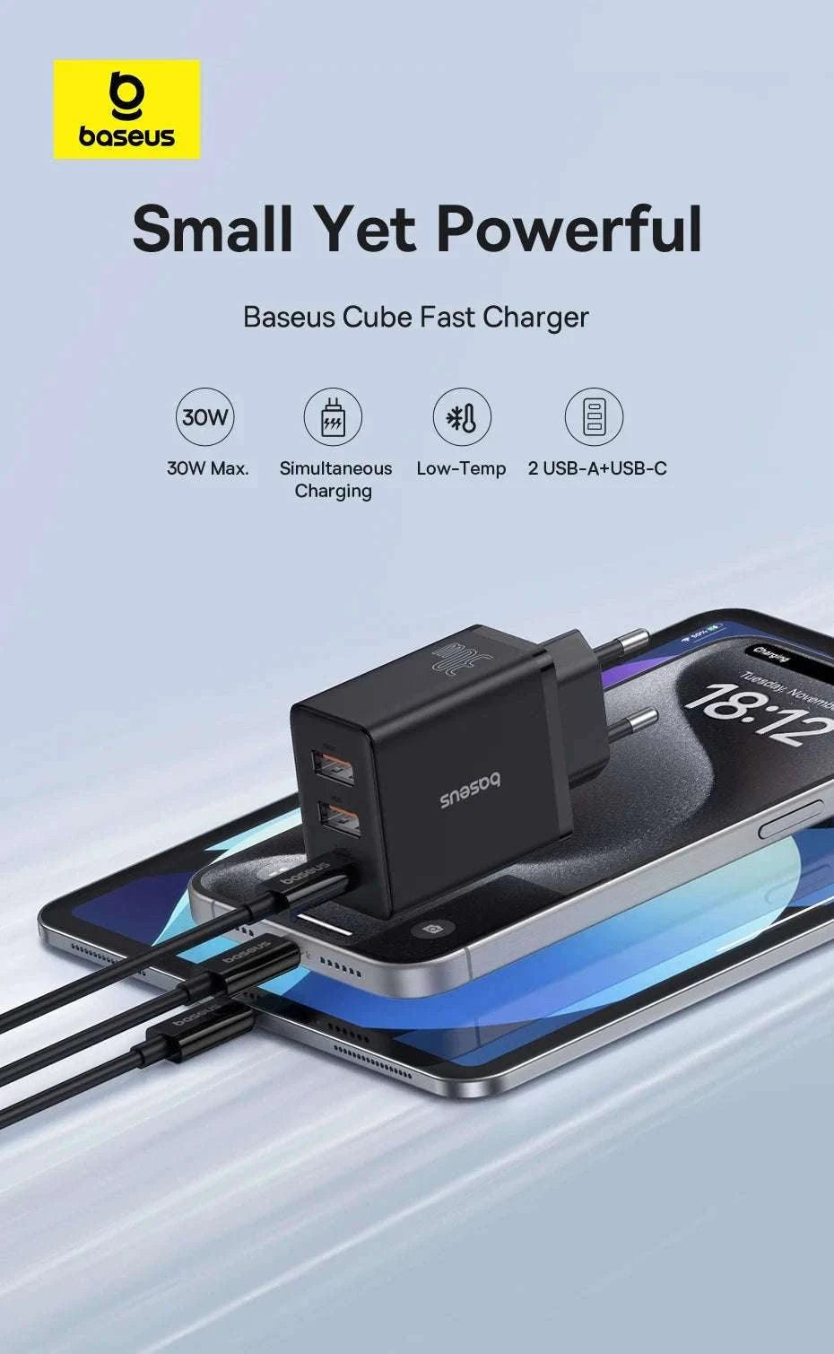 Baseus 30W Fast Charger 3-Port USB-C PD & QC3.0 Wall Adapter-EU Plug Black
