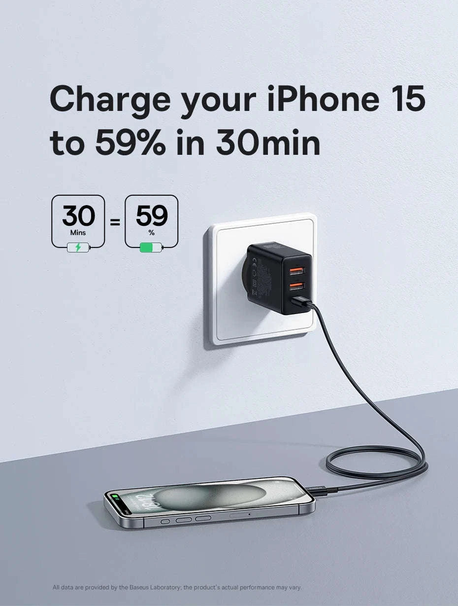Baseus 30W Fast Charger 3-Port USB-C PD & QC3.0 Wall Adapter-EU Plug Black