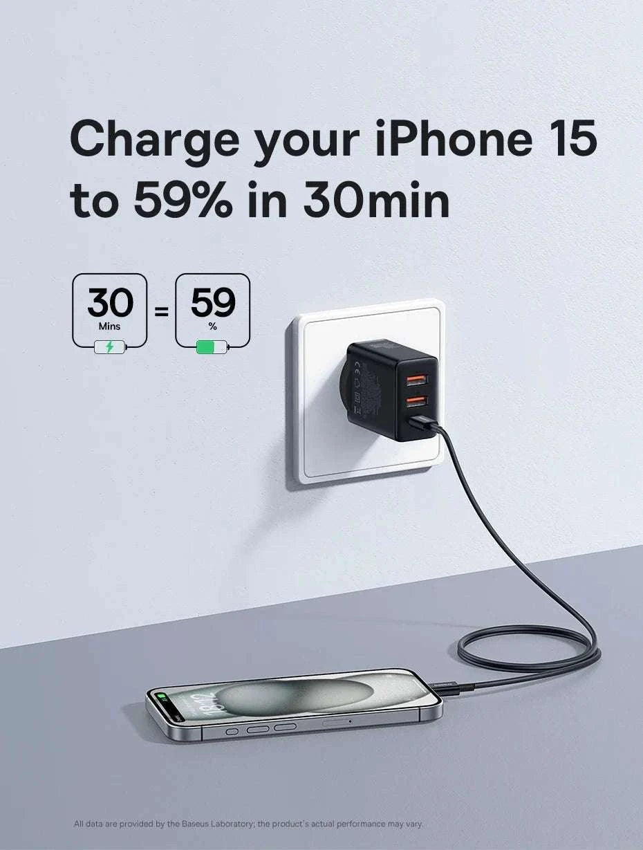 Baseus 30W Fast Charger 3-Port USB-C PD & QC3.0 Wall Adapter-EU Plug Black