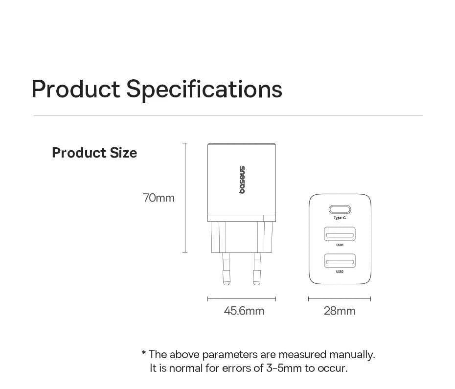Baseus 30W Fast Charger 3-Port USB-C PD & QC3.0 Wall Adapter-EU Plug Black