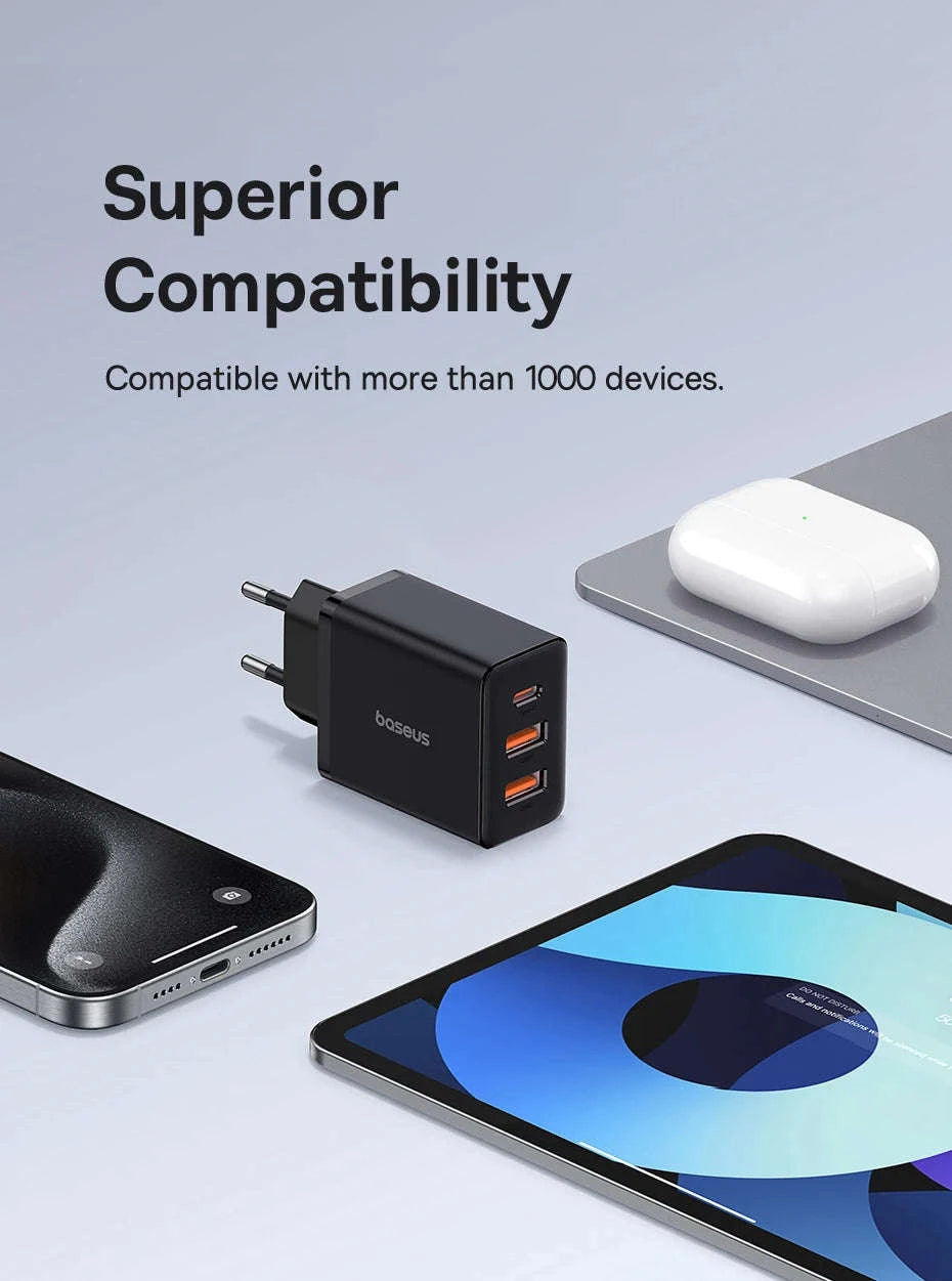 Baseus 30W Fast Charger 3-Port USB-C PD & QC3.0 Wall Adapter-EU Plug Black