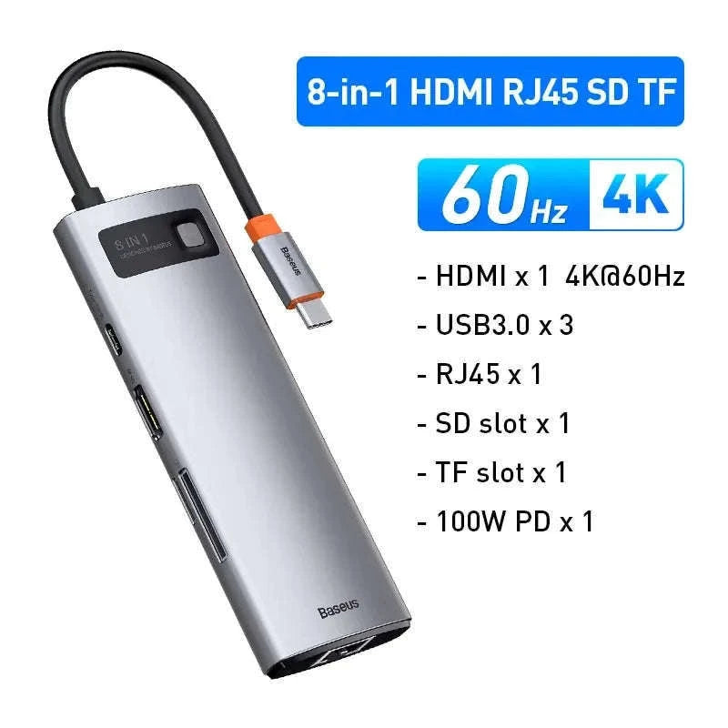 Baseus 4K 60Hz USB-C Hub with Ethernet and 100W PD-8-in-1 Hub