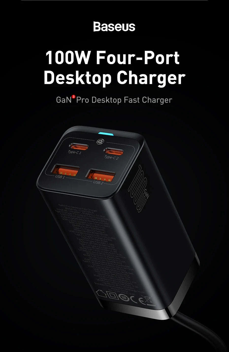 Baseus 65W/100W GaN Desktop Charger 4-Port Fast Charging Station-65W EU 220V