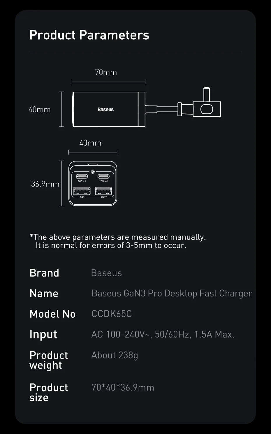 Baseus 65W/100W GaN Desktop Charger 4-Port Fast Charging Station-65W EU 220V