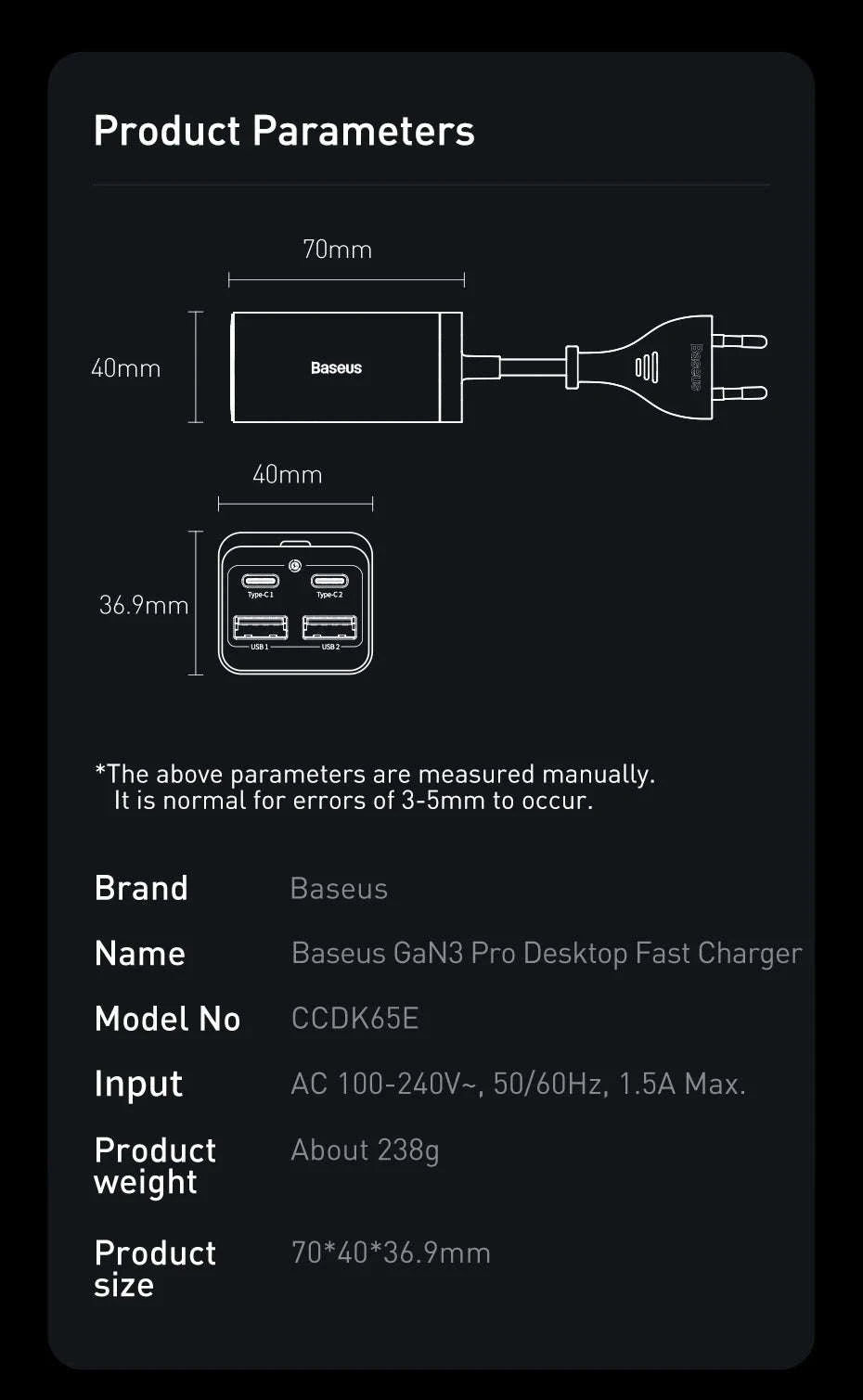 Baseus 65W/100W GaN Desktop Charger 4-Port Fast Charging Station-65W EU 220V