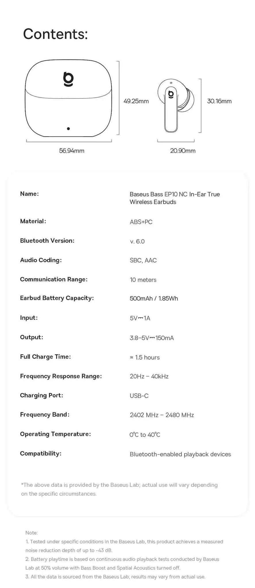 Baseus Bass EP10 NC Noise Cancelling Wireless Earbuds-White