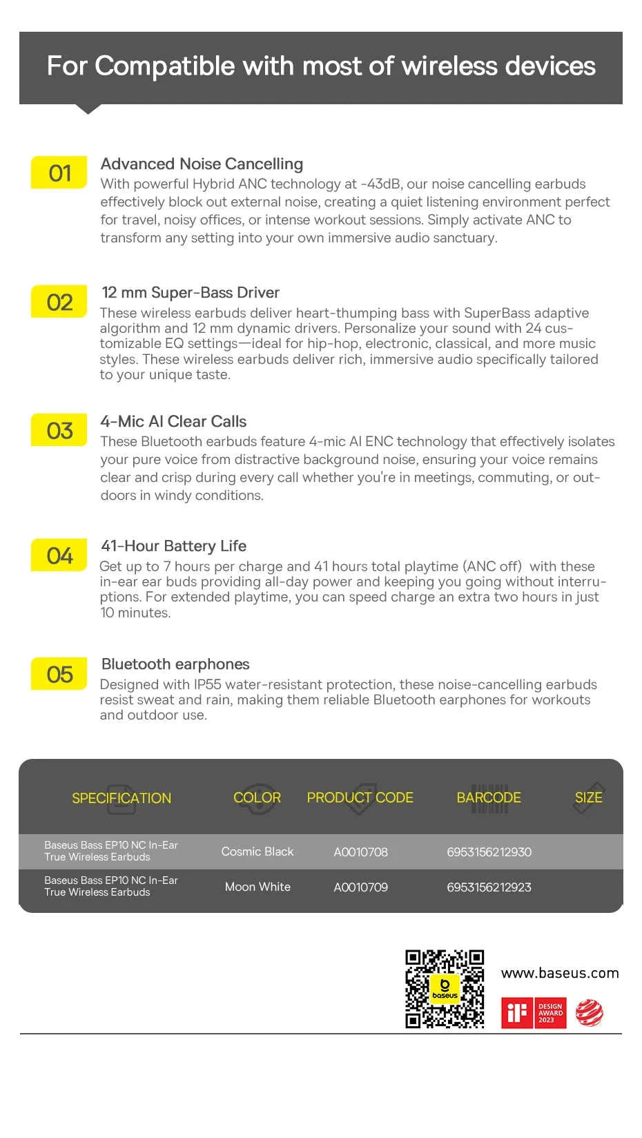 Baseus Bass EP10 NC Noise Cancelling Wireless Earbuds-White