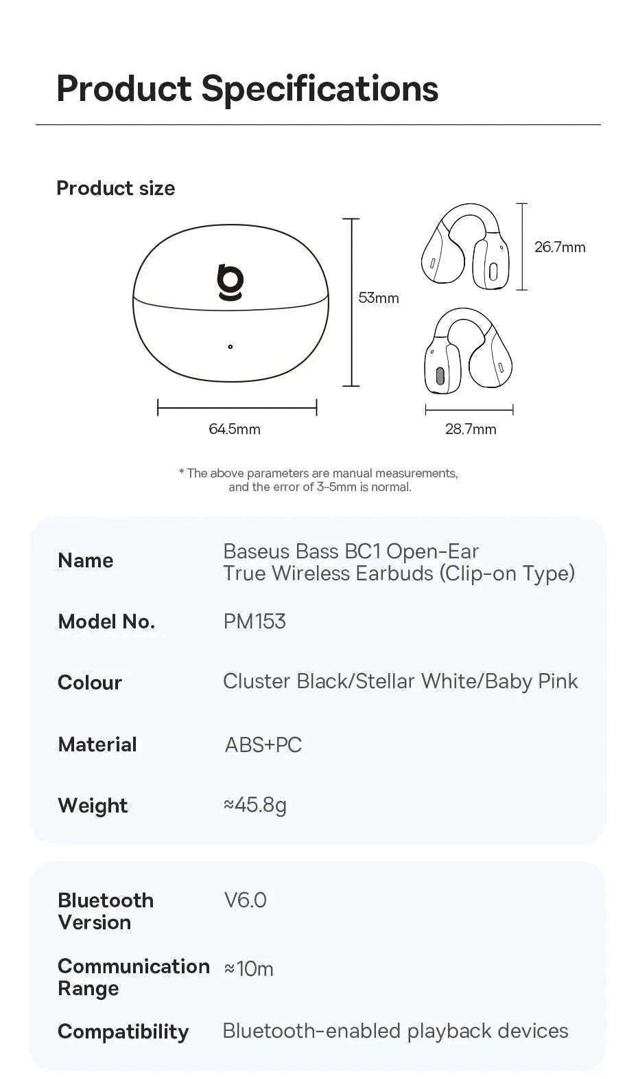 Baseus BC1 Open Ear Wireless Ear Clip Earbuds-Black