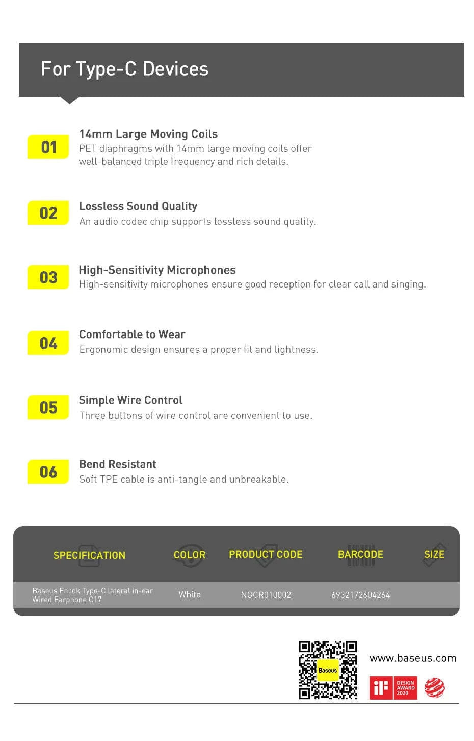 Baseus C17 Type‑C Wired Earphones with Mic-White