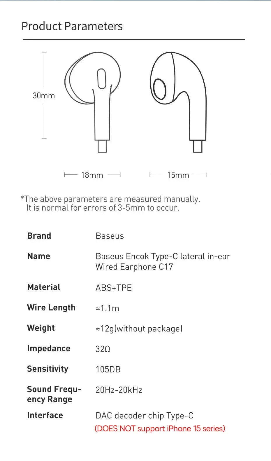 Baseus C17 Type‑C Wired Earphones with Mic-White